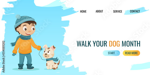 A child walks with his dog in the winter in the park. Cute flat illustration. Dog walking month. website, banner template
