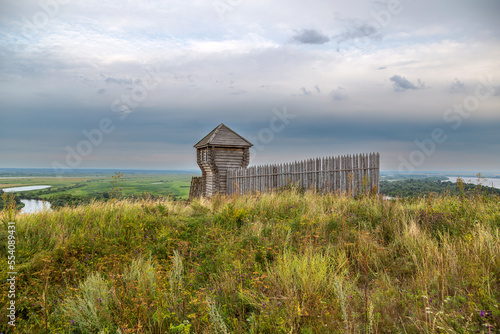 Ancient wooden fortress on a background of river spaces. Russia  Tatarstan  ancient Bulgar fortress in Yelabuga