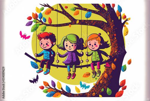 Day for Children. On a tree limb  kids were hanging. cartoon figures in bright colors. humorous illustration Banner prepared for your design. Generative AI
