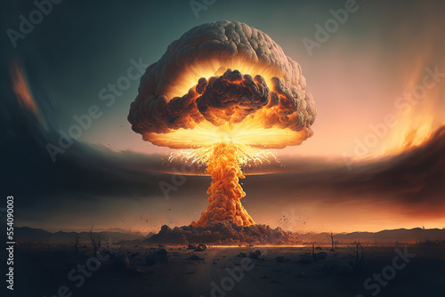 Massive nuclear bomb explosion, mushroom cloud. AI