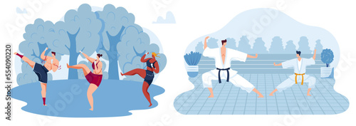 Combat sport, kick fight between people, fighter uniform, attack exercise, design, in cartoon style vector illustration.