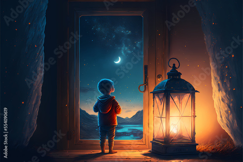 fantasy scene of the kid holding a lantern looking at the stars, illustration digital generative ai design art style photo