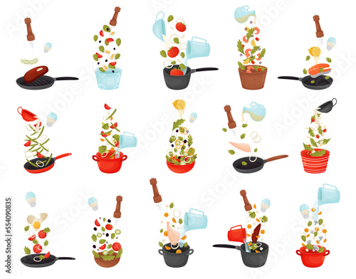Food Cooking Process with Frying Pan, Pot and Salad Bowl with Ingredients Big Vector Set