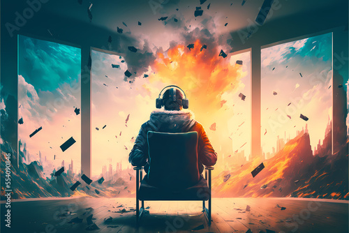 young man sitting on chair wearing a VR headset, concept art of digital addiction, simulation, concept art digital, illustration photo