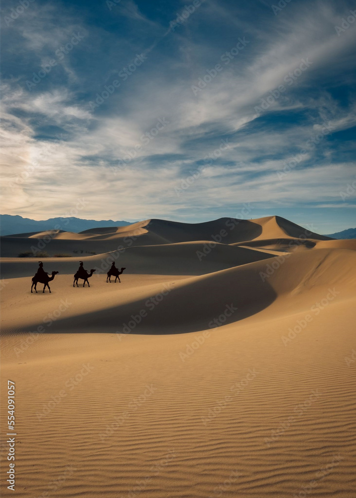 Los reyes magos del Oriente, en sus camellos, en el desierto, guiados