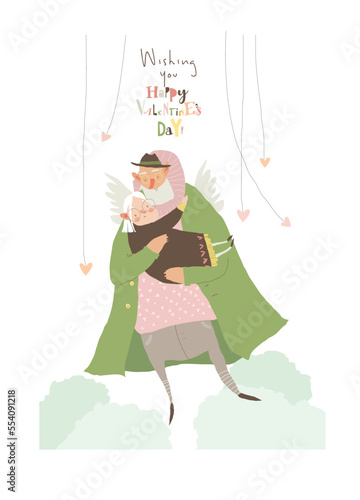 Cartoon Angel Grandfather hugging His Grandmother in Clouds