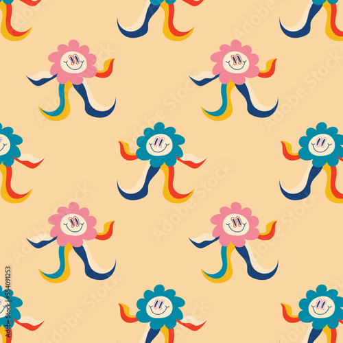 Psychedelic seamless patterns in retro 70s style, groovy hippie backgrounds, hippie flowers