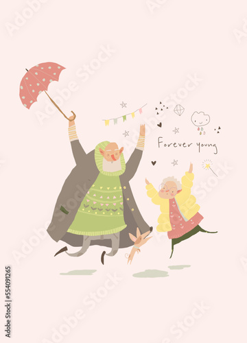 Cartoon Happy Elderly Couple enjoying Rain. Valentines Card