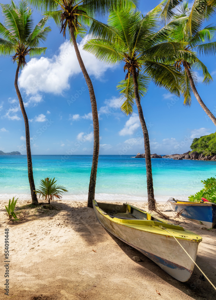 Naklejka premium Sunny tropical beach and turquoise sea with palm trees and fishing boats in the sand. Summer vacation and tropical beach concept.