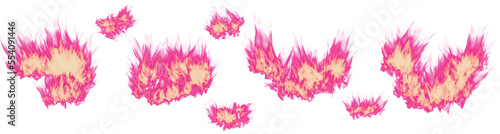 A set of fire flames with translucent crimson petals and a lighter  yellowish center. Isolated on transparent. png format.