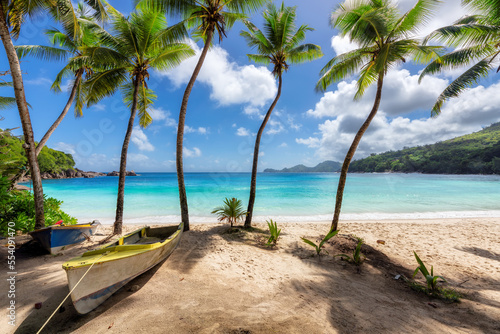 Paradise beach. Sunny tropical beach and turquoise sea with palm trees and boats in the sand. Summer vacation and tropical beach concept. © lucky-photo