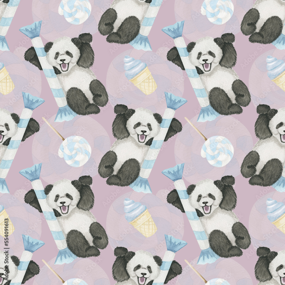 Fototapeta premium panda and candy watercolor seamless pattern 