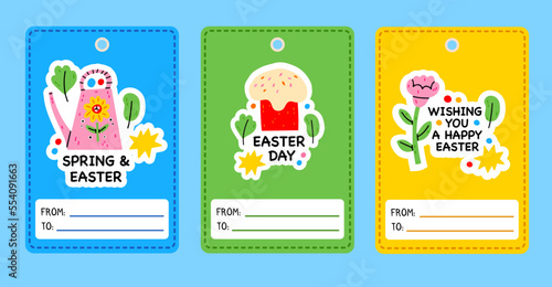 Set of Easter gift tags and labels with cartoon characters and type design.Easter tag collection with colorful bunnies. Banner templates. Happy Easter! Label with flower, watering can, easter cake