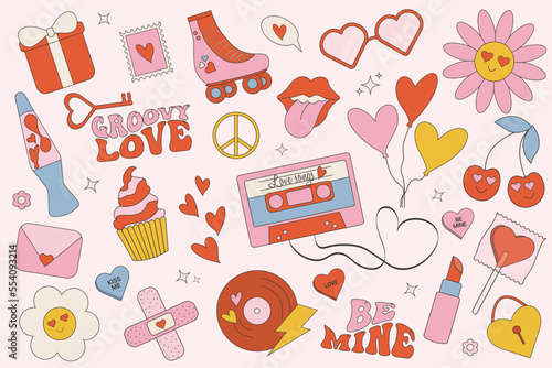 Trendy groovy valentines day sticker set. Retro valentines day. 70s 60s aesthetics. Vintage vector.