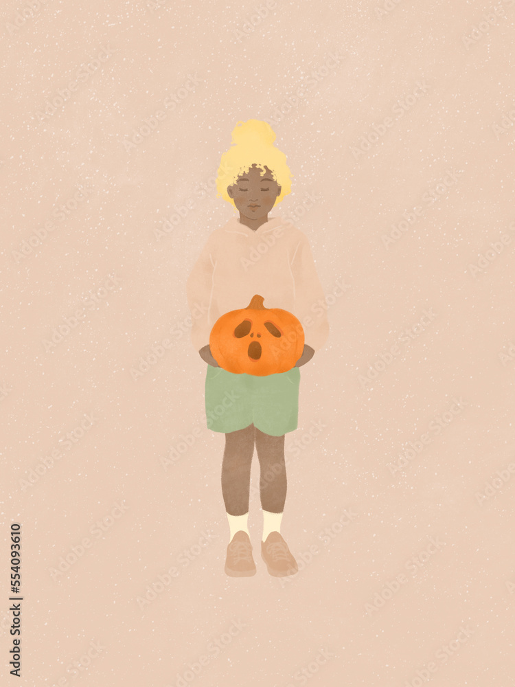 Fototapeta premium cute little African American girl holding a Halloween pumpkin