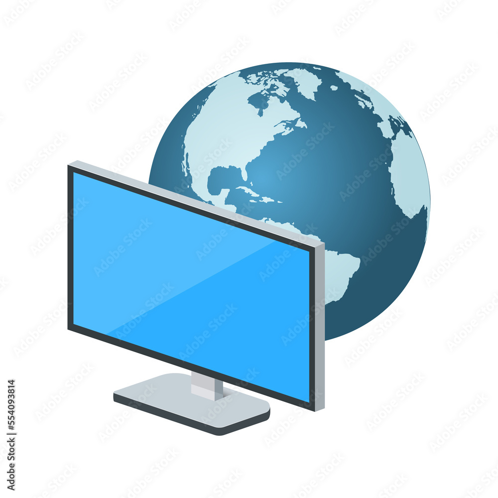Volumetric monitor with planet earth icon Concept of global broadcasting Volumetric monitor with planet earth icon Concept of global broadcasting
