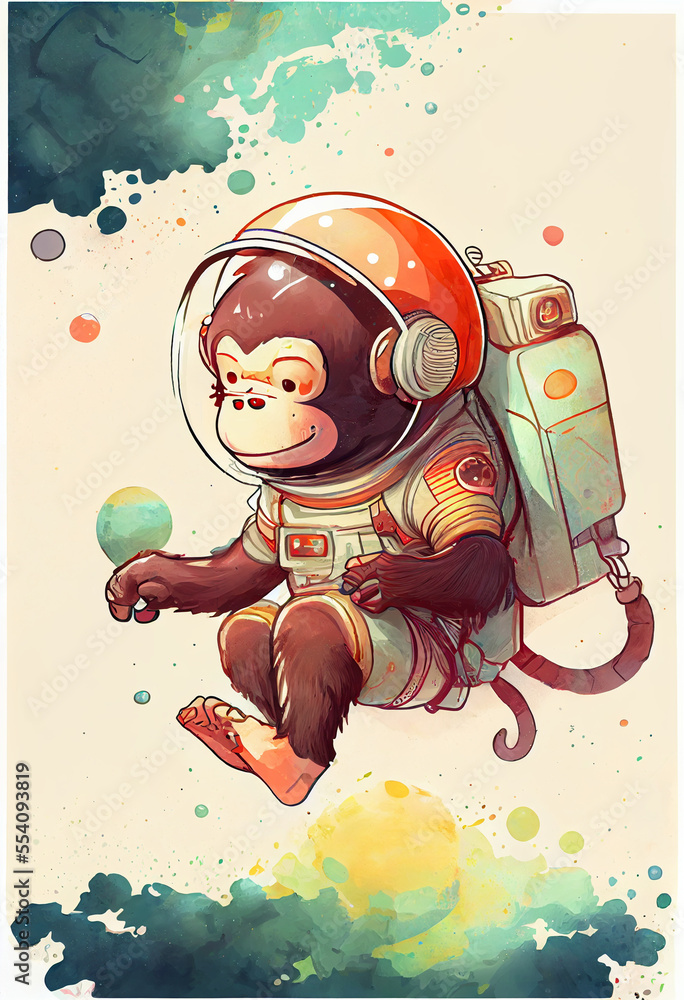 Naklejka premium Adorable Chimpanzee Astronaut in Colorful Illustration. Generative ai
