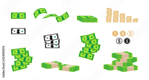 Money symbol icon set. Dollar banknotes and coins
