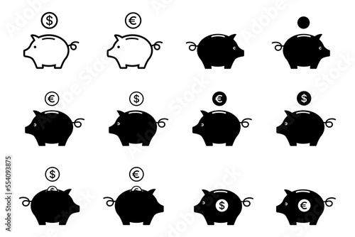 Icon set of Piggy bank with coin