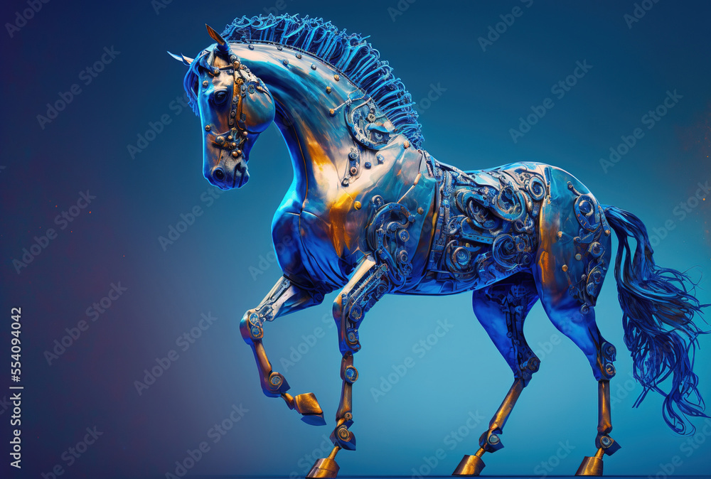 Step punk inspired metallic, energetic, dazzling horse on a blue backdrop. Generative AI Step punk inspired metallic, energetic, dazzling horse on a blue backdrop. Generative AI
