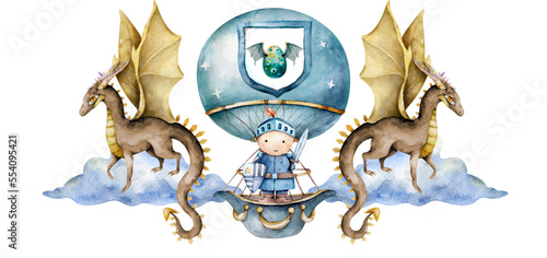 Knight in a hot air balloon watercolor illustration. Boy and dragons mystical story