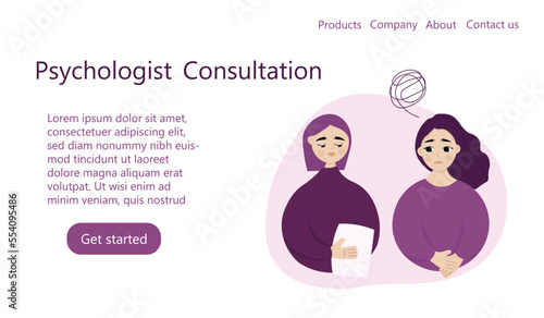 Web homepage for psychologist consultation session. Women anxiety and problems discussion.