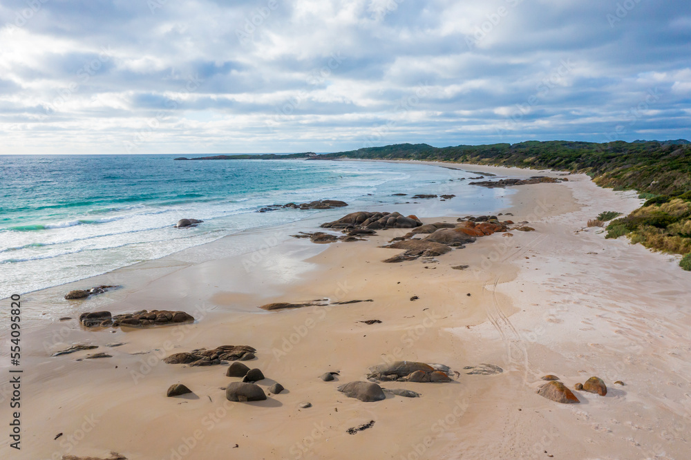 Drone aerial photograph of a white sandy beach on King Island