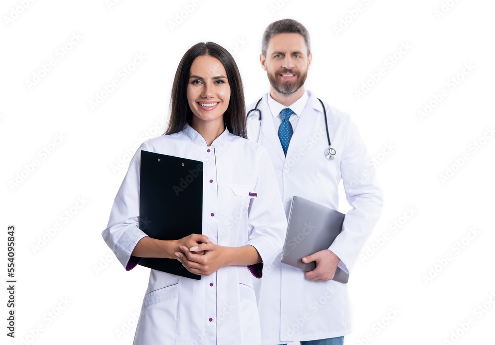 selective focus of doctor and internist isolated on white background. doctor with internist - obrazy, fototapety, plakaty 