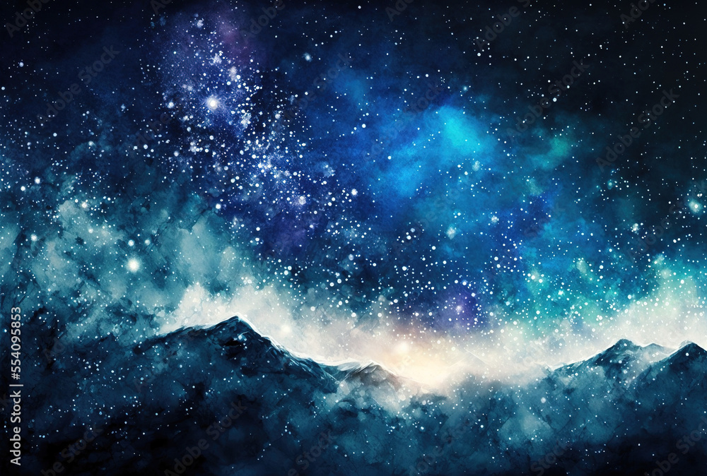 Night starry sky with white stardust and a watercolor space texture galaxy with twinkling stars. Generative AI