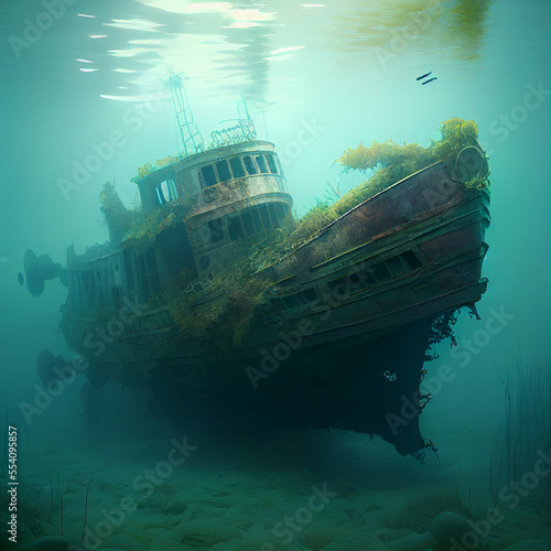 Sunken Boat Wreck Shipwreck Diving in Blue Green Ocean Water Reef Growth Generative AI Tools Technology illustration