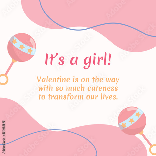 Gender reveal party invitation card. Female gender announcement post