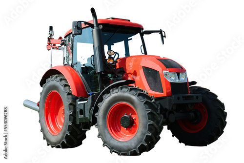 Modern red agricultural tractor isolated on a transparent background photo