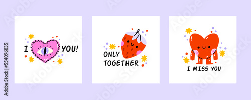 Romantic set of postcard with lettering. Love  Valentines Day. Vector design concept for Valentines Day and other users. Romantic postcards with heart  eye  strawberry. Congratulation.