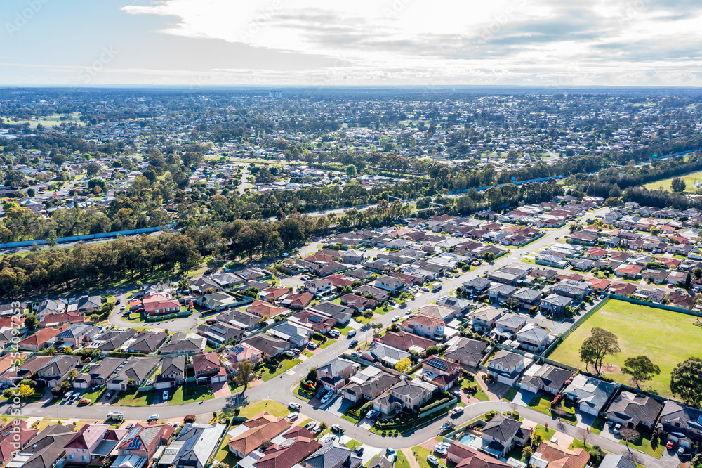 Drone aerial photograph of houses in Glenmore Park in Australia