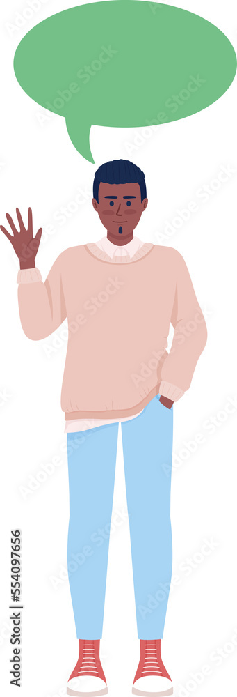 Man speaking american english semi flat color raster character with speech bubble. Standing figure. Full body person on white. Simple cartoon style illustration for web graphic design and animation Man speaking american english semi flat color raster character with speech bubble. Standing figure. Full body person on white. Simple cartoon style illustration for web graphic design and animation
