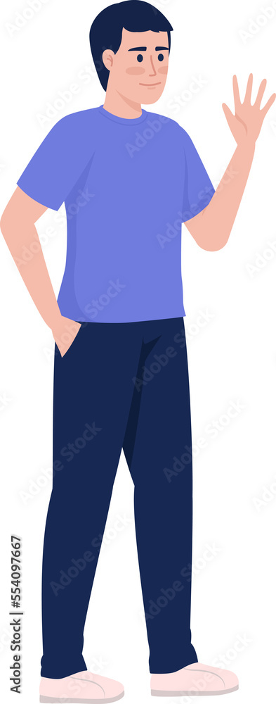 Confident man waving hand semi flat color raster character. Standing figure. Full body person on white. Greeting with smile simple cartoon style illustration for web graphic design and animation Confident man waving hand semi flat color raster character. Standing figure. Full body person on white. Greeting with smile simple cartoon style illustration for web graphic design and animation