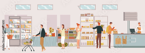 People queue shop, cashier business sale, grocery supermarket, shopping mall line ,design, in cartoon style vector illustration.
