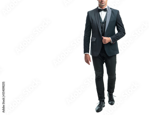 hoary man bridegroom in rich tux bow isolated on white background. full lentgh