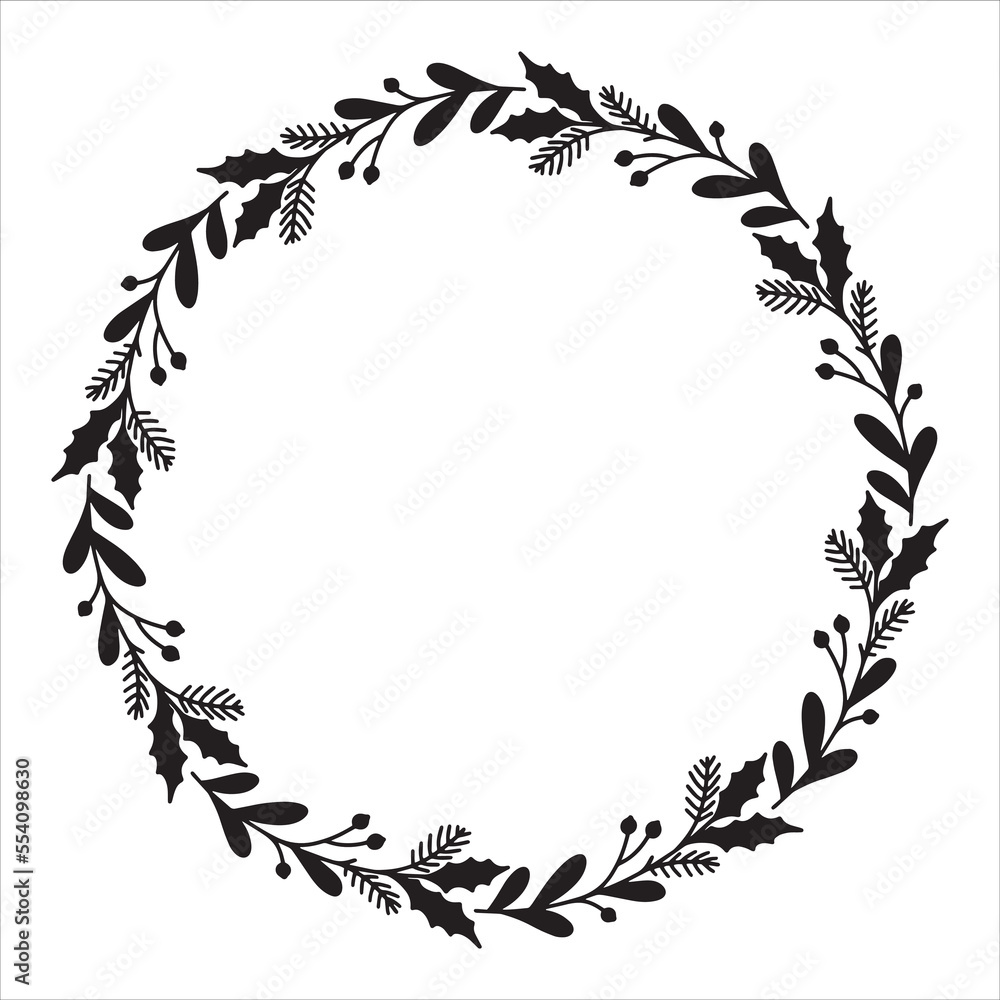 Hand drawn Christmas wreath. Round floral frame for invitations, posters, greeting cards, web, frame art.