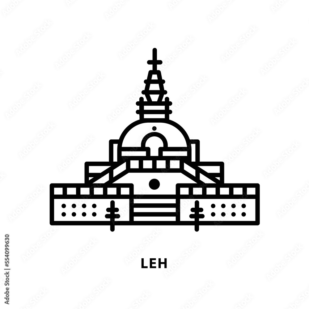 Indian city icon. Leh-Shanti Stupa. Ladak. Minimal vector illustration, linear style