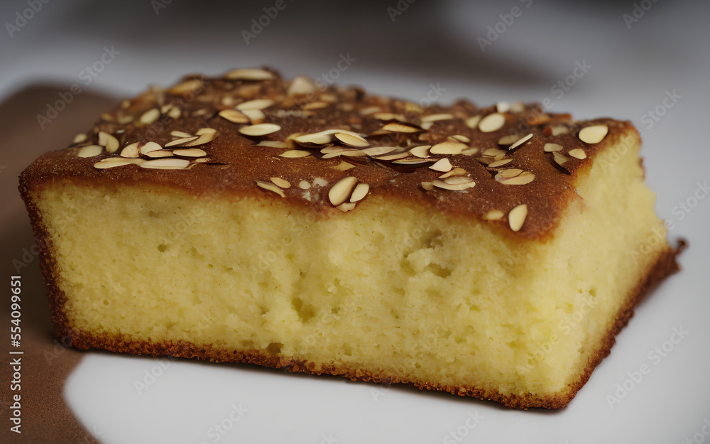 Realistic illustration of almond cake, sweet baked food, generative ai Realistic illustration of almond cake, sweet baked food, generative ai