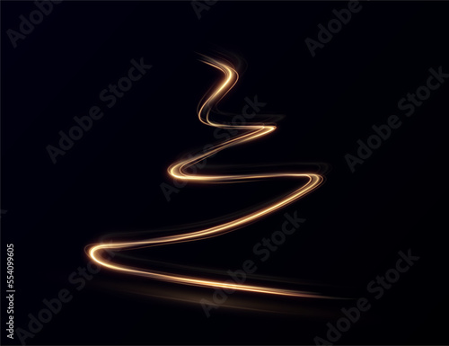 Light golden Twirl. Curve light effect of golden line. Element for your design, advertising, postcards, invitations, screensavers, websites, games. Festive light tree for the new year 2023.	
