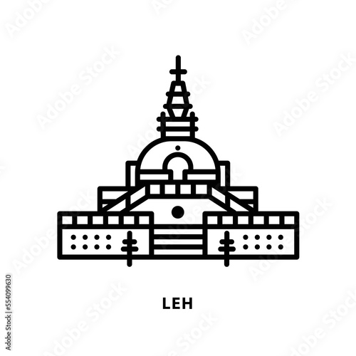 Indian city icon. Leh-Shanti Stupa. Ladak. Minimal vector illustration, linear style