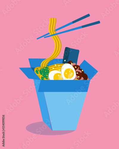 Noodle box vector illustration. Traditional Asian fast food. Take away box with nori, eggs, mushrooms, scallion and sesame seeds. Poster template
