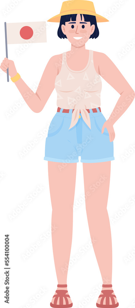 Smiling young woman with national flag of Japan semi flat color raster character. Standing figure. Full body person on white. Simple cartoon style illustration for web graphic design and animation Smiling young woman with national flag of Japan semi flat color raster character. Standing figure. Full body person on white. Simple cartoon style illustration for web graphic design and animation