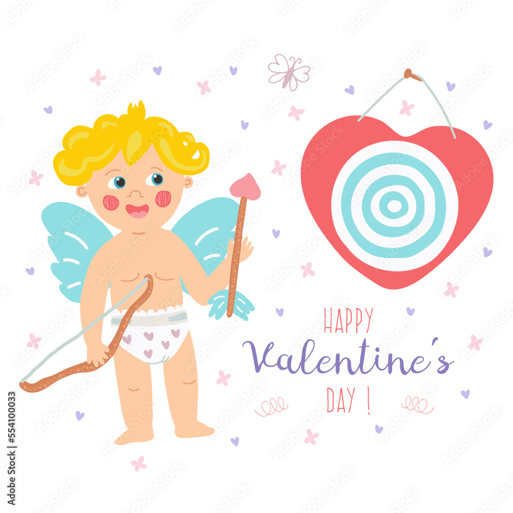 Valentine's Day greeting card with a cute cupid holding a bow and an arrow. Hand drawn vector illustration. Valentine's Day greeting card with a cute cupid holding a bow and an arrow. Hand drawn vector illustration.