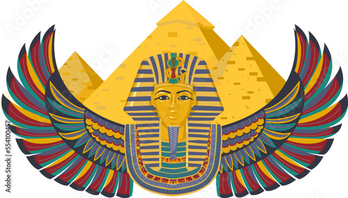 Wing egypt banner, art symbol, decorative ornament, ancient culture, egyptian pattern, design, cartoon style vector illustration.