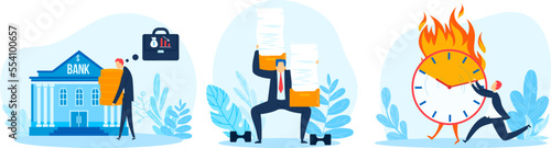 Work burnout stress, tax overwhelming, office deadline, employee job frustration, design, cartoon style vector illustration.