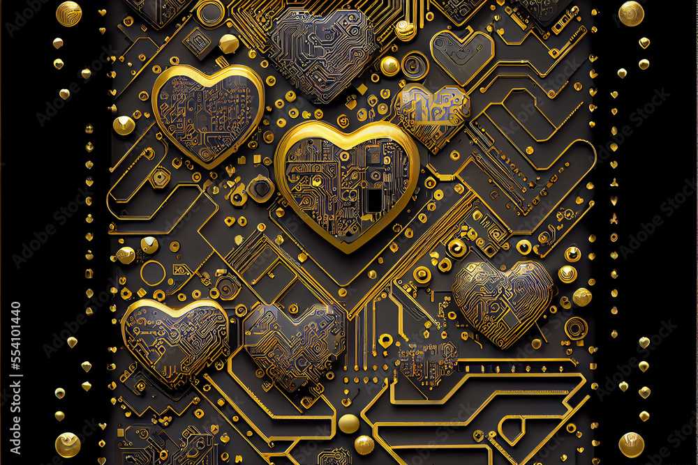 Heart Shapes in Circuit Board Inspired Background. Generative ai