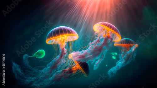 glowing sea jellyfishes on dark background, neural network generated art. Digitally generated image. Not based on any actual scene or pattern. 